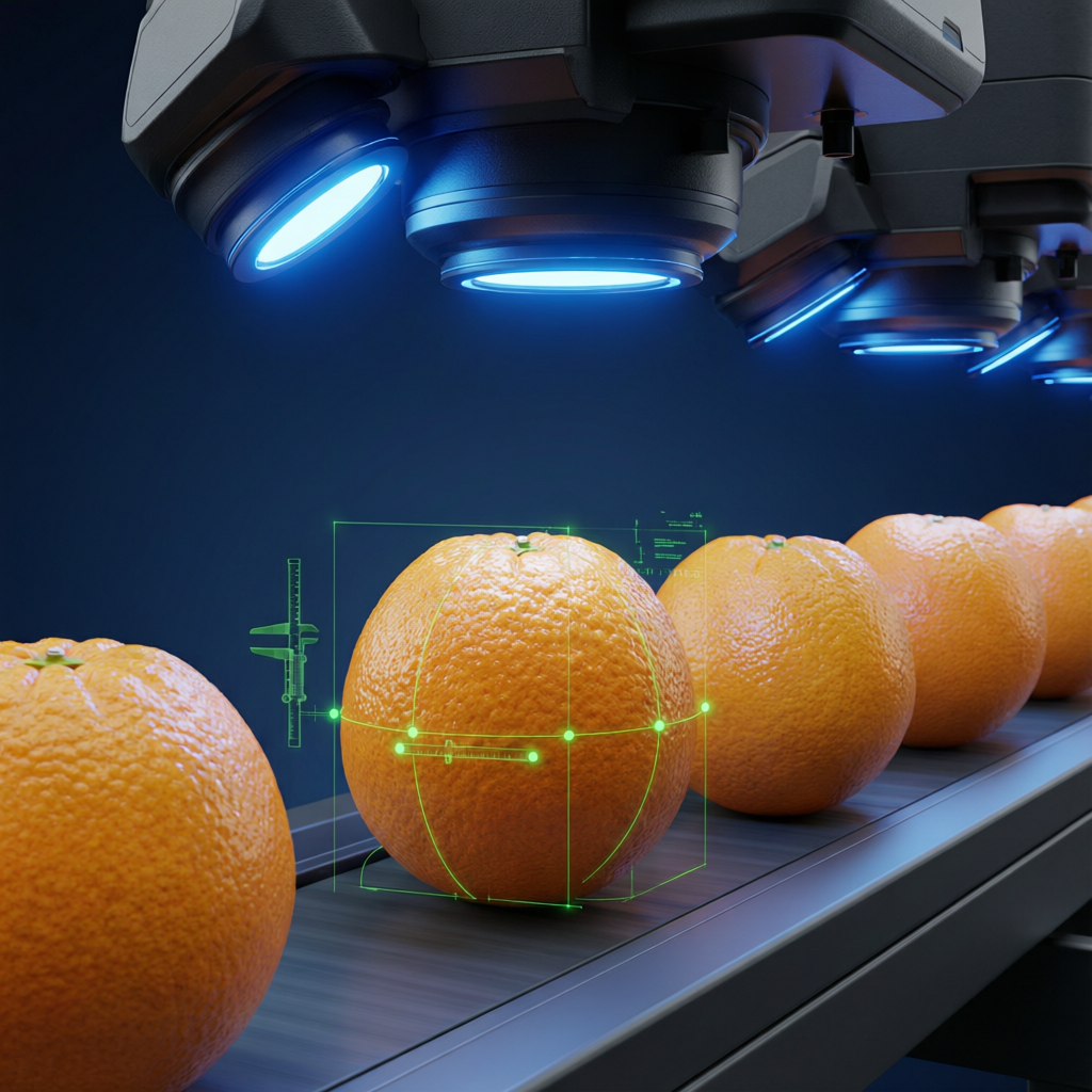 AI computer vision cameras inspecting fruit on conveyor belt with digital measurement overlays