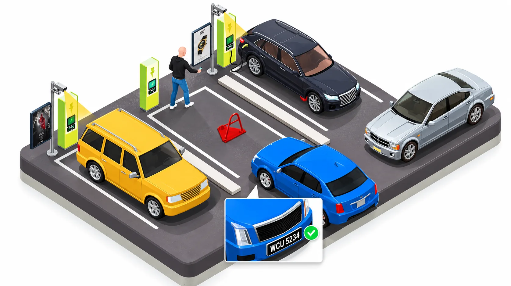 Isometric charging bays scene showing Tapway detections