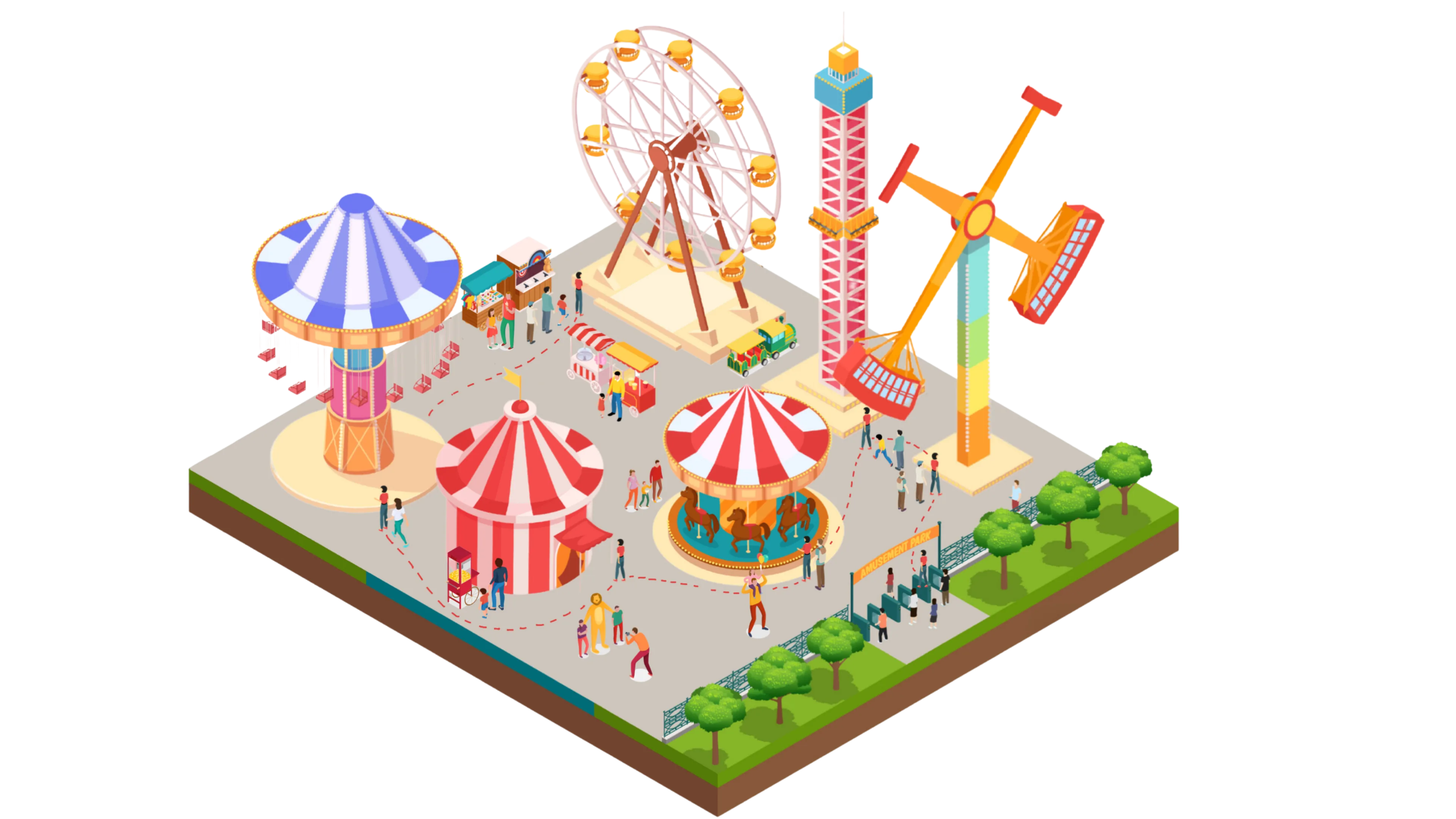 Isometric theme park scene showing Tapway detections